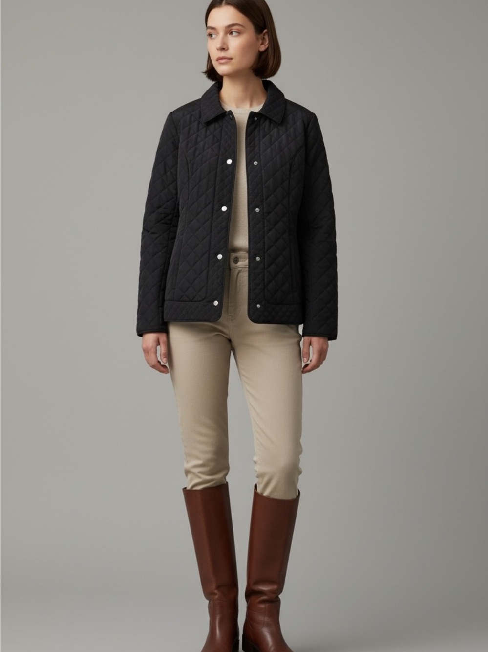 Quilted Black Women's Jacket - Classic Snap-Front Coat